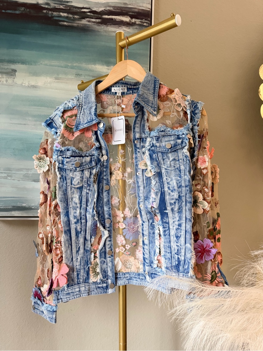 Adore Floral Mesh Denim Jacket 🌸 Statement Embroidered Boutique Jacket - Picture 9 of 14